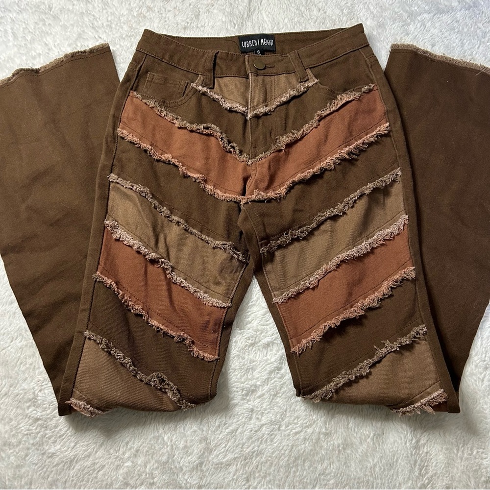 Brown 70s inspired patchwork denim jeans